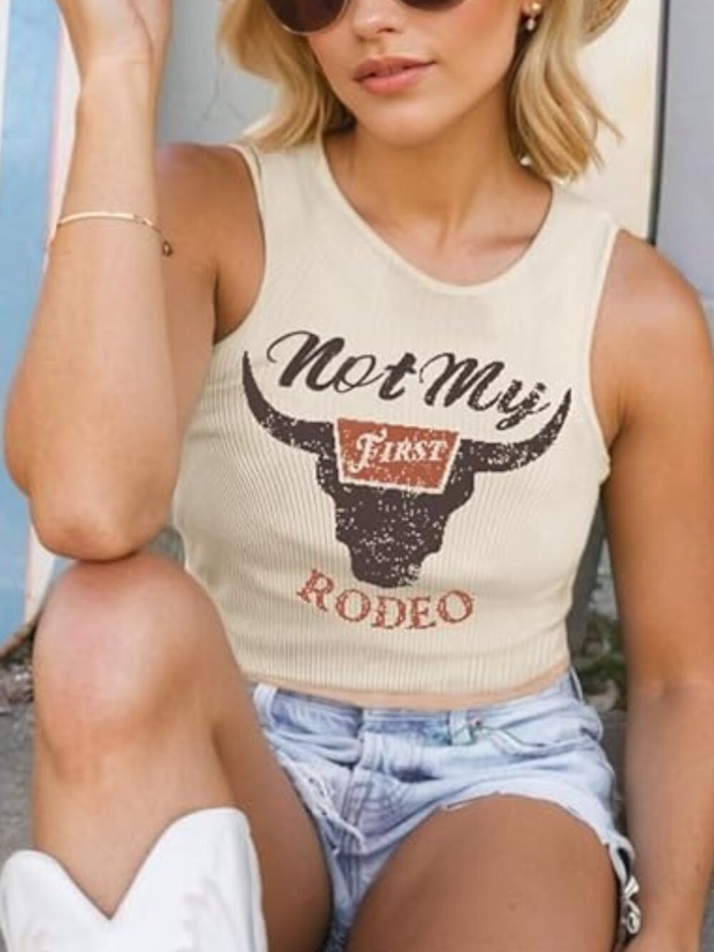 Vintage Rodeo Bull Graphic Tank Top, Western Cowboy Crop Top, Y2K not my rodeo - Picture 1 of 2